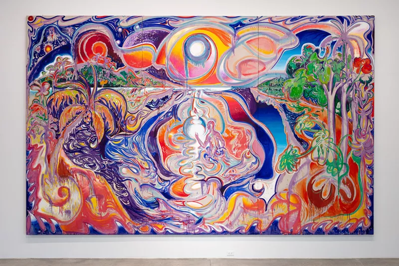 Image: Abstract painting with colors of blue, pink, green, and white colors swirling together