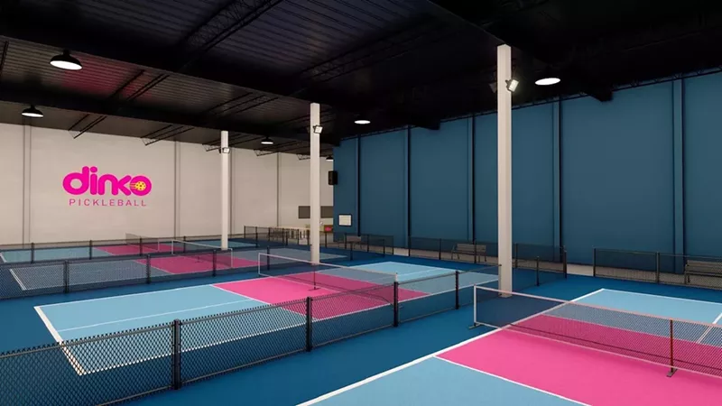 Image: The pink and blue courts at Dinko Pickleball Complex.