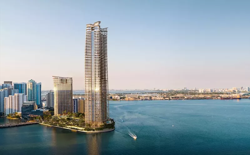 Image: Rendering of two skyscrapers overlooking a body of water.