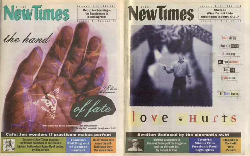 Image: two 1990s covers of an alternative weekly newspaper presented side by side