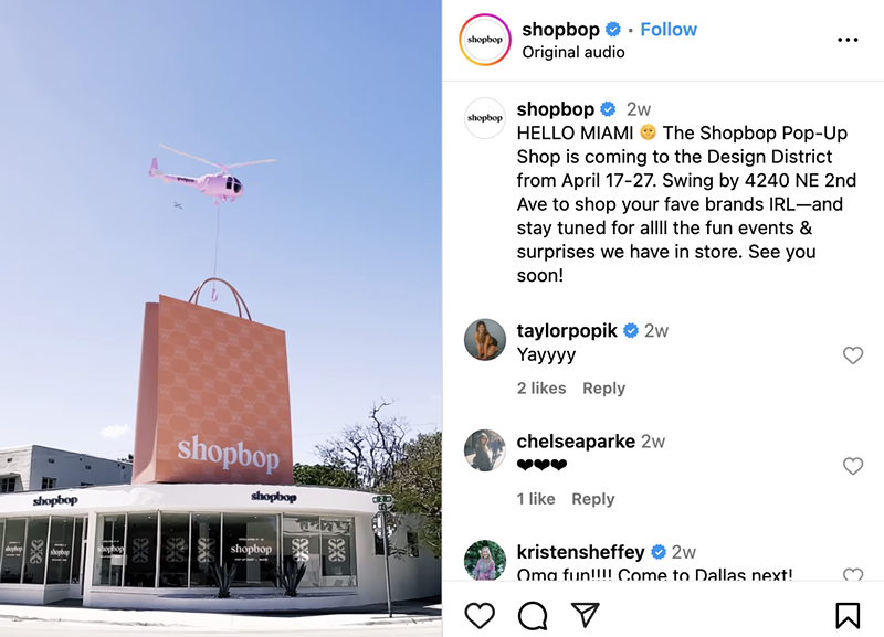 Image: screenshot of an Instagram post by Shopbop announcing a pop-up in Miami