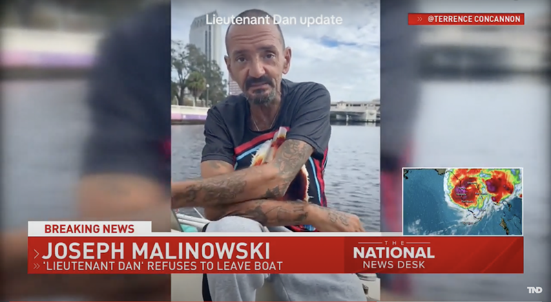 Image: A photo of one-legged Tampa man Joseph Malinowski (better known as "Lieutenant Dan"), who became an overnight sensation while insisting to ride out the hurricane aboard his small sailboat in Tampa Bay.