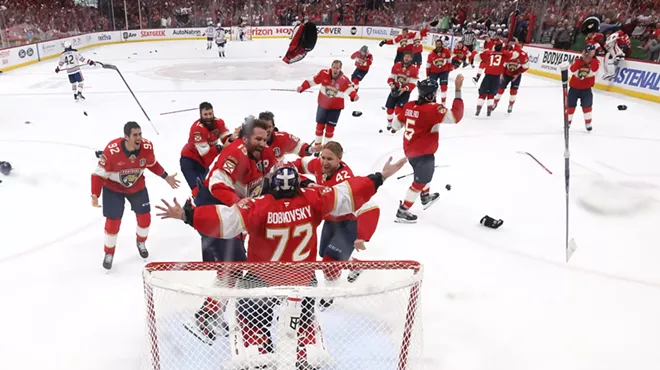 Florida Panthers players swarm around goalie Sergei Bobrovsky (no. 72) following the team's Game 6 Stanley Cup clinching win over the Edmonton Oilers at Amerant Bank Arena in Sunrise, Florida, on June 17, 2025