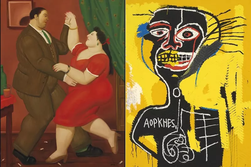 Image: Fernando Botero's "Dancer" features a pair of rotund dancers; Jean-Michel Basquiat's "Cabeza" features a black figure on a bright yellow background