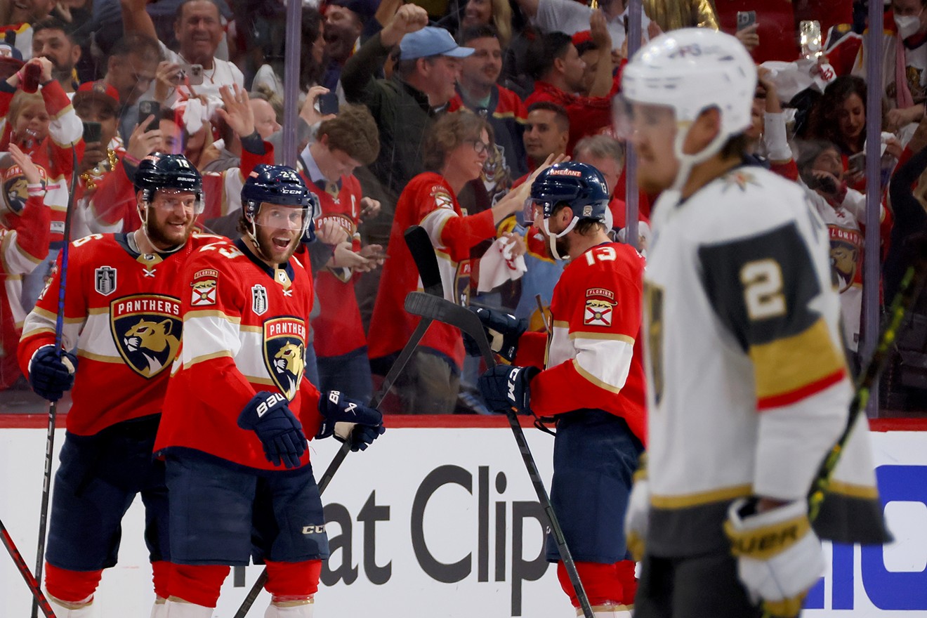 Carter Verhaeghe #23 of the Florida Panthers is congratulated by his teammates after scoring the game-winning goal against the Vegas Golden Knights in Game 3 of the 2023 NHL Stanley Cup Final.