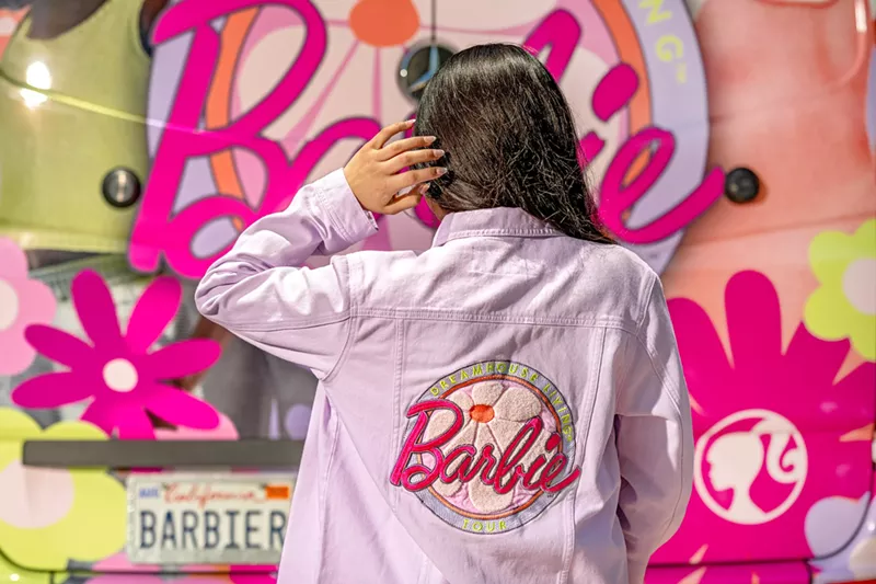 Image: Model wearing Barbie-embroiders denim jacket