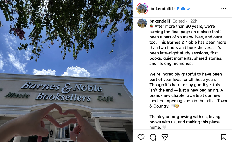 Image: screenshot of an Instagram post announcing the closure of Barnes & Noble West Kendall