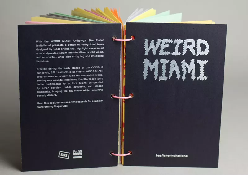 Image: A book stands open showing its back and front covers, respectively. The title, in white lettering on a black background, reads, "Weird Miami"