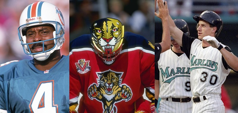 From left: Kicker Reggie Roby of the Miami Dolphins in December 2021; Florida Panthers goalie John Vanbiesbrouck during a game against Washington Capitals in December 1997; Greg Counsell of the Florida Marlins after hitting his first homer in August 1997