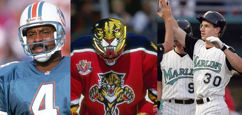 Image: Collage of South Florida sport team players wearing vintage jerseys