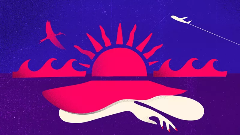 Image: colorful abstract illustration of a pink sun rising over a purple tropical beach under an azure sky