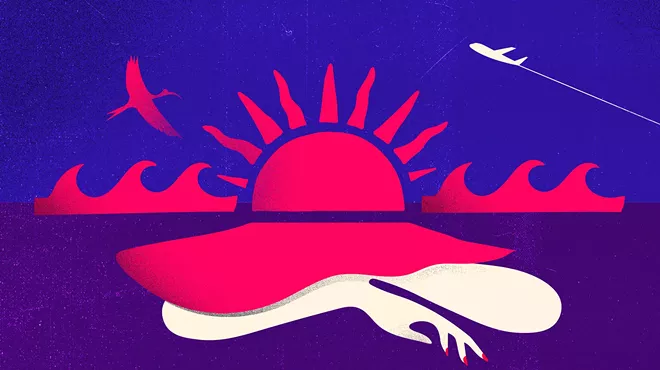 colorful abstract illustration of a pink sun rising over a purple tropical beach under an azure sky
