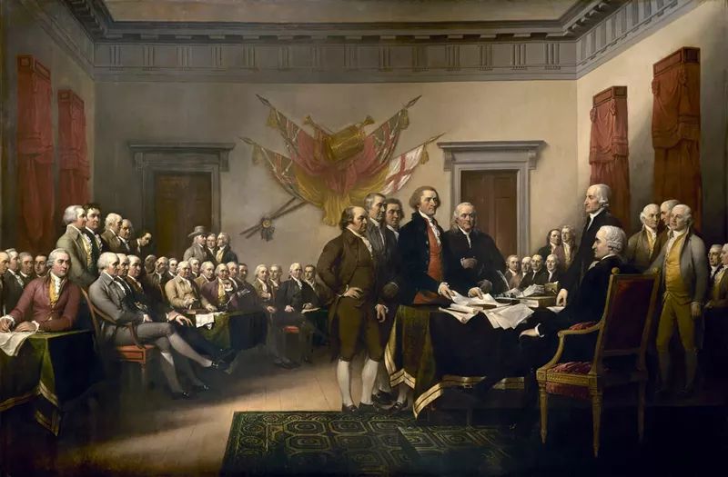 Image: from Wikipedia: The painting shows the five-man drafting committee presenting their draft of the Declaration to the Congress, an event that took place on June 28, 1776, and not its signing, which took place mainly on August 2.