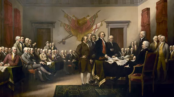 from Wikipedia: The painting shows the five-man drafting committee presenting their draft of the Declaration to the Congress, an event that took place on June 28, 1776, and not its signing, which took place mainly on August 2.