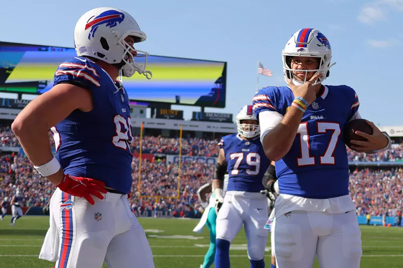 Image: Josh Allen celebrates a fourth-quarter touchdown run against the Miami Dolphins at Highmark Stadium on October 1, 2023.