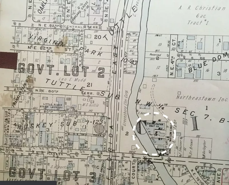 Image: a detail from a mid-20th-century map of the Little River area of Miami near NE 79th Street