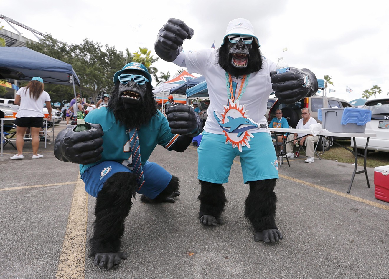 Fans go ape for the Miami Dolphins outside Hard Rock Stadium.