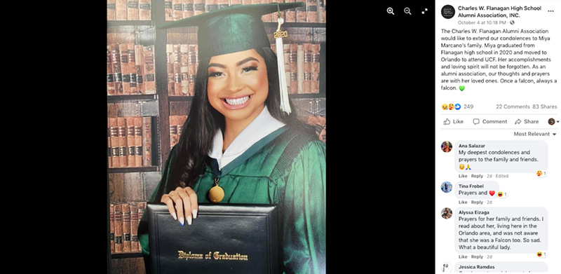 Image: Once a Falcon, always a Falcons: The alumni association at Charles W. Flanagan High School in Pembroke Pines mourns the loss of Miya Marcano.