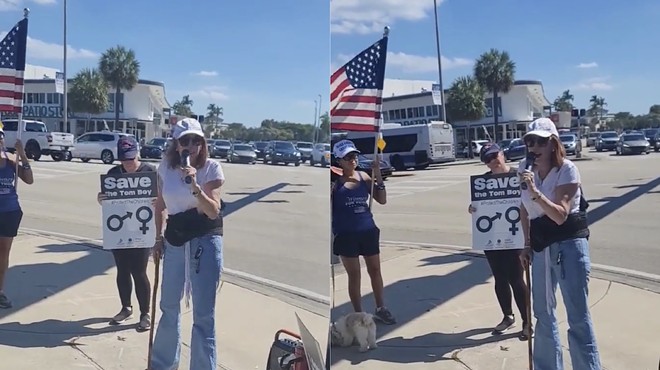 Broward School Board member Brenda Fam speaks at a rally in Fort Lauderdale on Saturday. She is leaning on a cane and wearing what appears to be a back brace while speaking before a small group on the corner of Oakland Park and Federal Highway.
