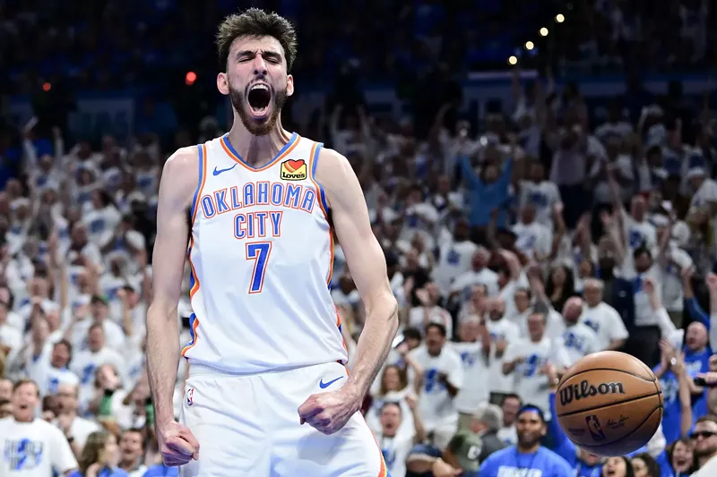 Image: photo of an Oklahoma City Thunder (OKC) basketball player looking fierce
