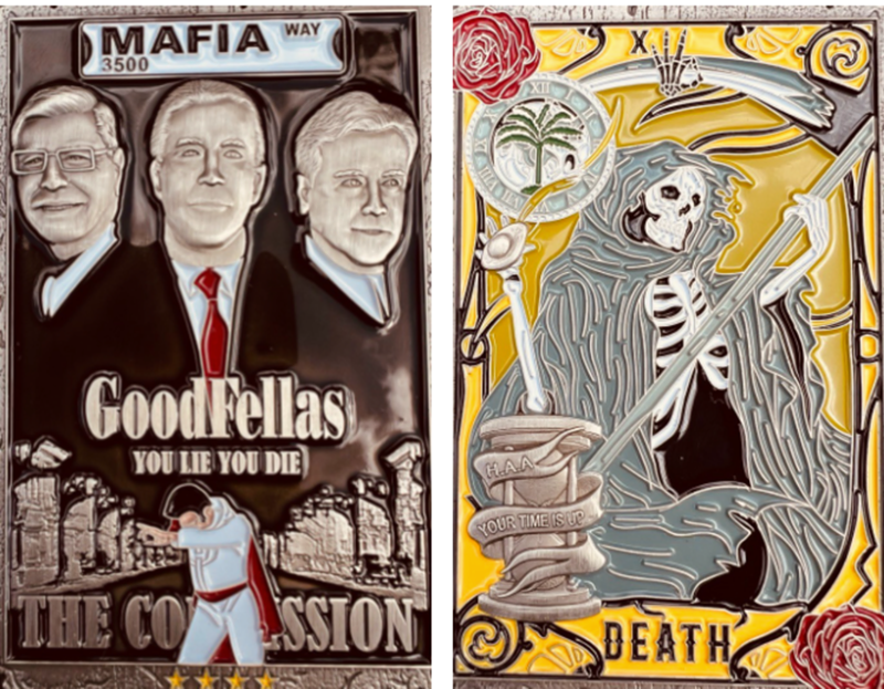 Image: Challenge coins depicting Miami City Commissioners Manolo Reyes, Joe Carollo, and Alex Diaz de la Portilla as Ray Liotta, Robert De Niro, and Joe Pesci in a spoof of the Goodfellas movie poster (left) and with the City of Miami seal and a skeletal hand gesturing "OK," which some groups have used to signal "white power."