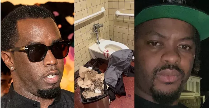 Image: Rap mogul Diddy, side by side photo, next to a blood-covered toilet, next to producer Rodney Jones