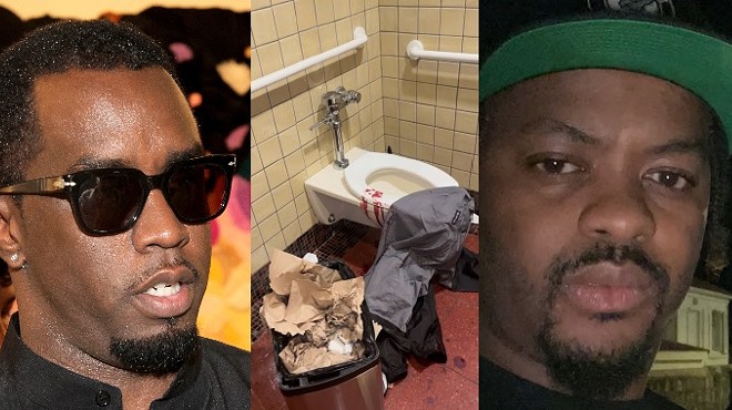 Rap mogul Diddy, side by side photo, next to a blood-covered toilet, next to producer Rodney Jones