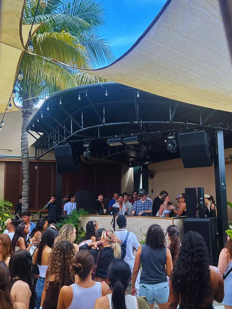 Image: Photo of a DJ performing during the day under palm trees in front of a crowd.