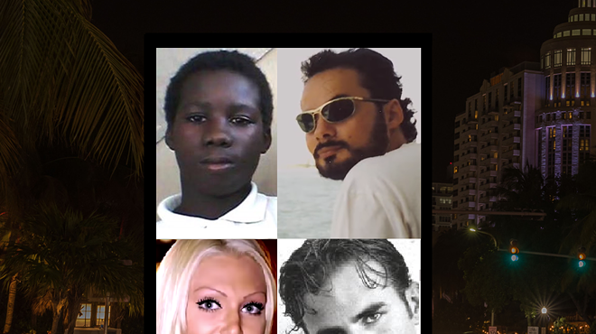 Four victims of homicides in South Florida depicted in a collage, set against the background of a Miami cityscape