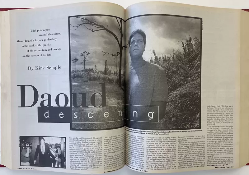 Image: a photo of two facing pages of an alternative weekly newspaper that's archived in a hardbound volume