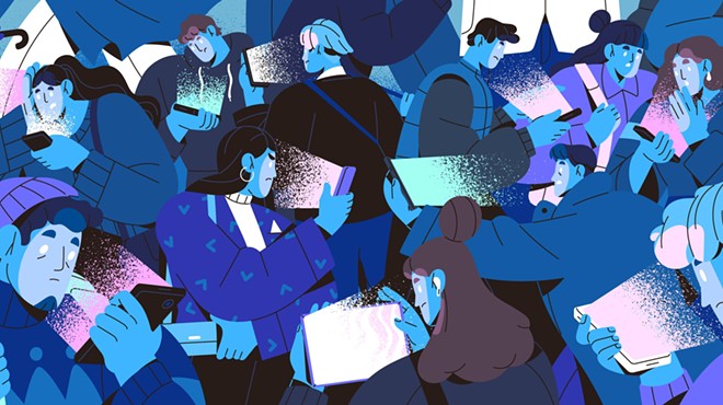 A drawing of a crowd of screen-obsessed people with blank eyes staring at phones and tablets