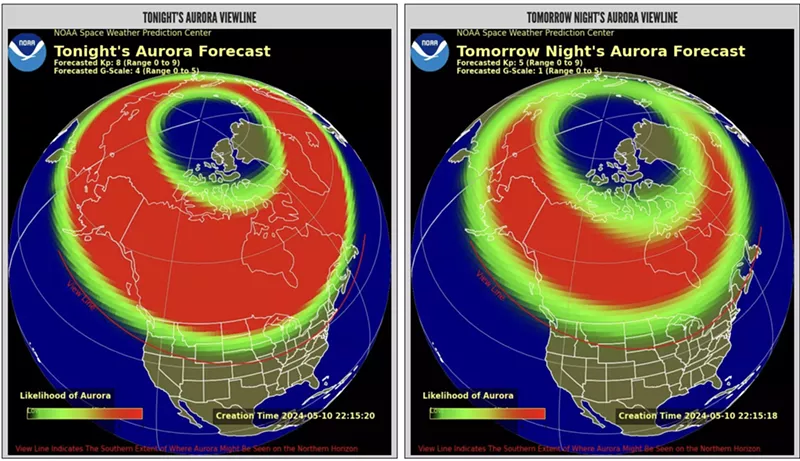 Image: two forecast maps from the NOAA showing potential visibility of the Northern Lights on May 10-11, 2024