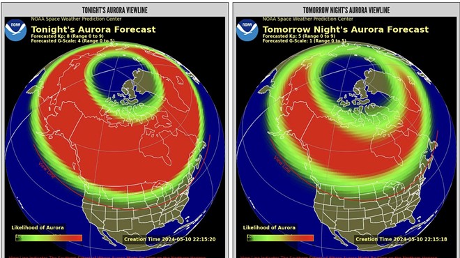 two forecast maps from the NOAA showing potential visibility of the Northern Lights on May 10-11, 2024