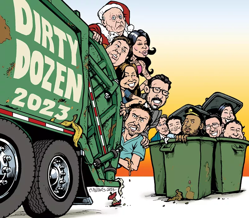 Image: A color caricature of the 12 miscreants who comprise our 2023 edition of the Miami New Times Dirty Dozen, hanging out of, or about to be Dumpstered into, a garbage truck.