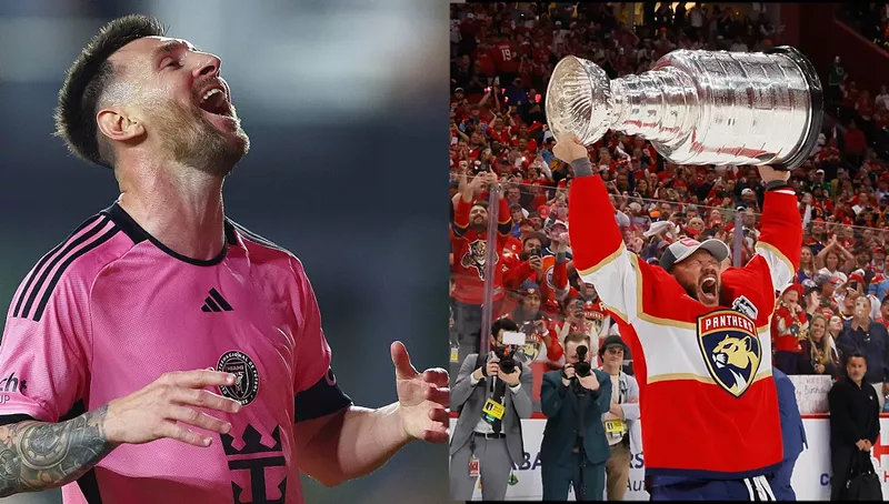 Image: side-by-side photos of Lionel Messi and Kyle Okposo embodying the joy of victory