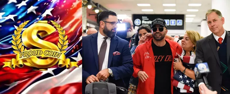 Image: Collage of Proud Coin graphic (left), Enrique Tarrio wearing black sunglasses, red sweatshirt, and MAGA black hat, arrives at Miami International airport.