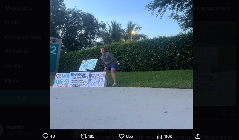 Kyle Ulbrich lobbying for a roster spot outside the Miami Dolphins training camp.