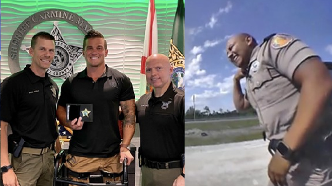 Split photo - (left) former congressman Madison Cawthorn posing with Lee County Sheriff's Office while receiving honorary deputization; (right) state trooper wincing after Cawthorn crashed into his vehicle