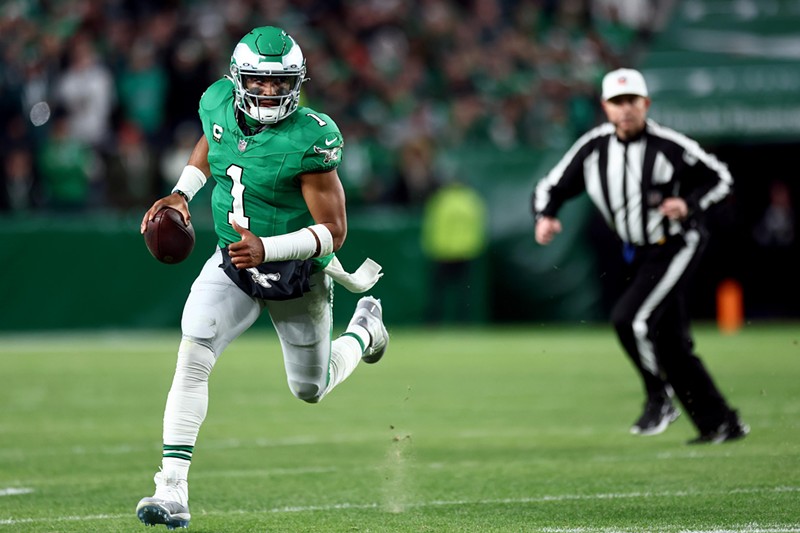 Philadelphia Eagles' quarterback Jalen Hurts takes off in a game against the Miami Dolphins on October 22, 2023 in Philadelphia.