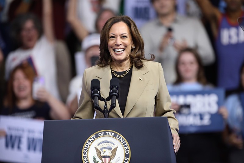 Kamala Harris addresses the crowd at an August 9, 2024 campaign rally at Desert Diamond Arena in Glendale, Arizona.