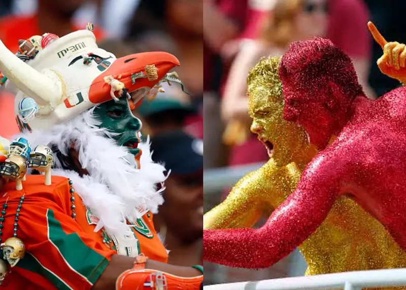 Image: Hurricanes and Seminoles fans at the UM-FSU game in Tallahassee on October 7, 2017.