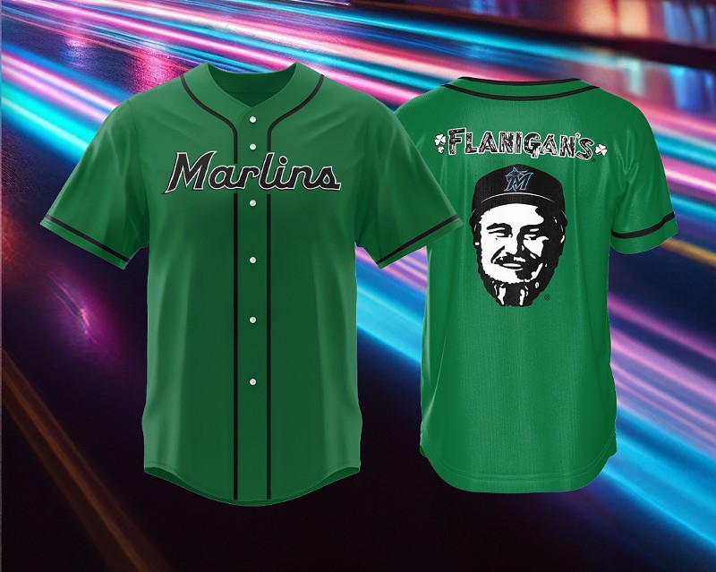 The Flanigan's-branded Marlins jersey was handed out to fans at LoanDepot Park on Saturday, June 1, as part of a ticket promotion.