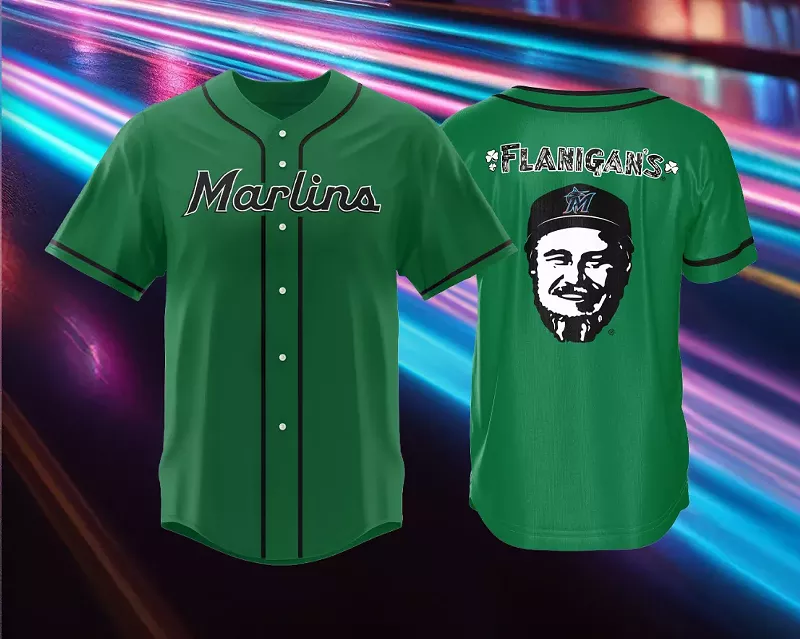 Image: The front and back on the Flaningan's-branded Marlins jersey