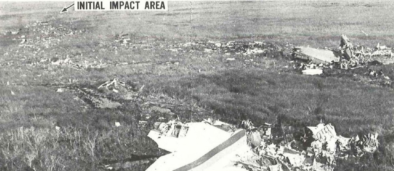 Aerial image of the wreckage of Eastern Airlines Flight 401, which crashed in the Everglades in December 1972.