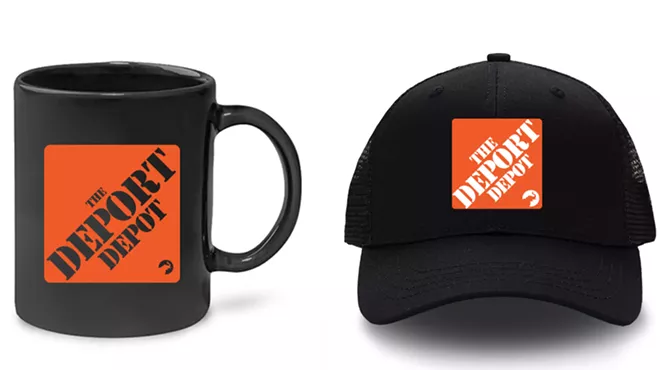 Side-by-side images of a black "The Deport Depot" coffee mug and a black "The Deport Depot" mesh hat featuring logos that mimic that of The Home Depot