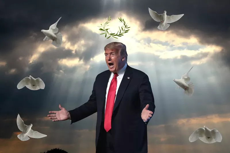 Image: President Donald Trump spreads his arms as doves fly around him in an altered photo.