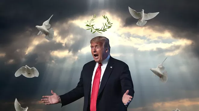 President Donald Trump spreads his arms as doves fly around him in an altered photo.