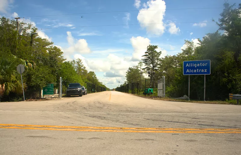 Image: A wide shot of a road with trees on either side, with a blue sign that reads, "Alligator Alcatraz."