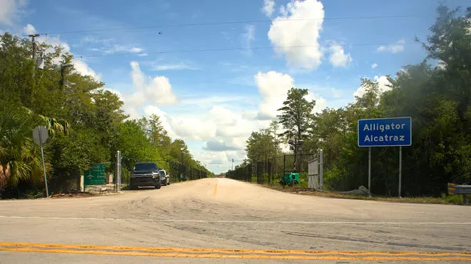 A wide shot of a road with trees on either side, with a blue sign that reads, "Alligator Alcatraz."