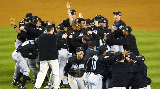 The Florida Marlins celebrate on the infield after winning the 2003 World Series.